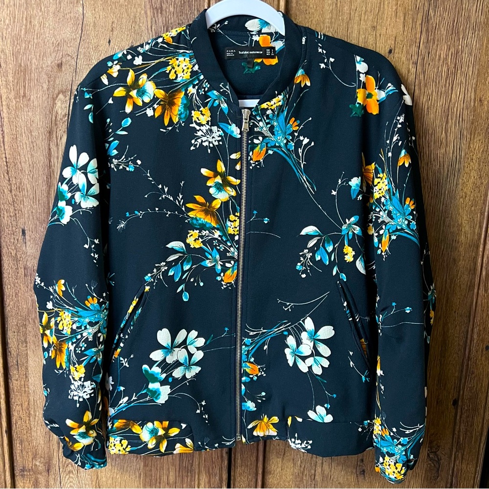 ZARA Trafaluc Coat Women’s S Dark Blue Yellow Floral Bomber Zip Up Boho Jacket